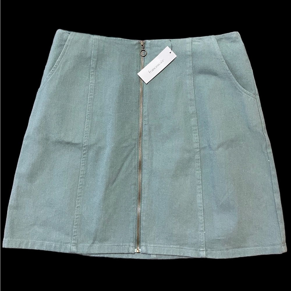 Francesca‘s “Miami” 100%Cotton Green Zip Front Skirt   Large  NWT!!
